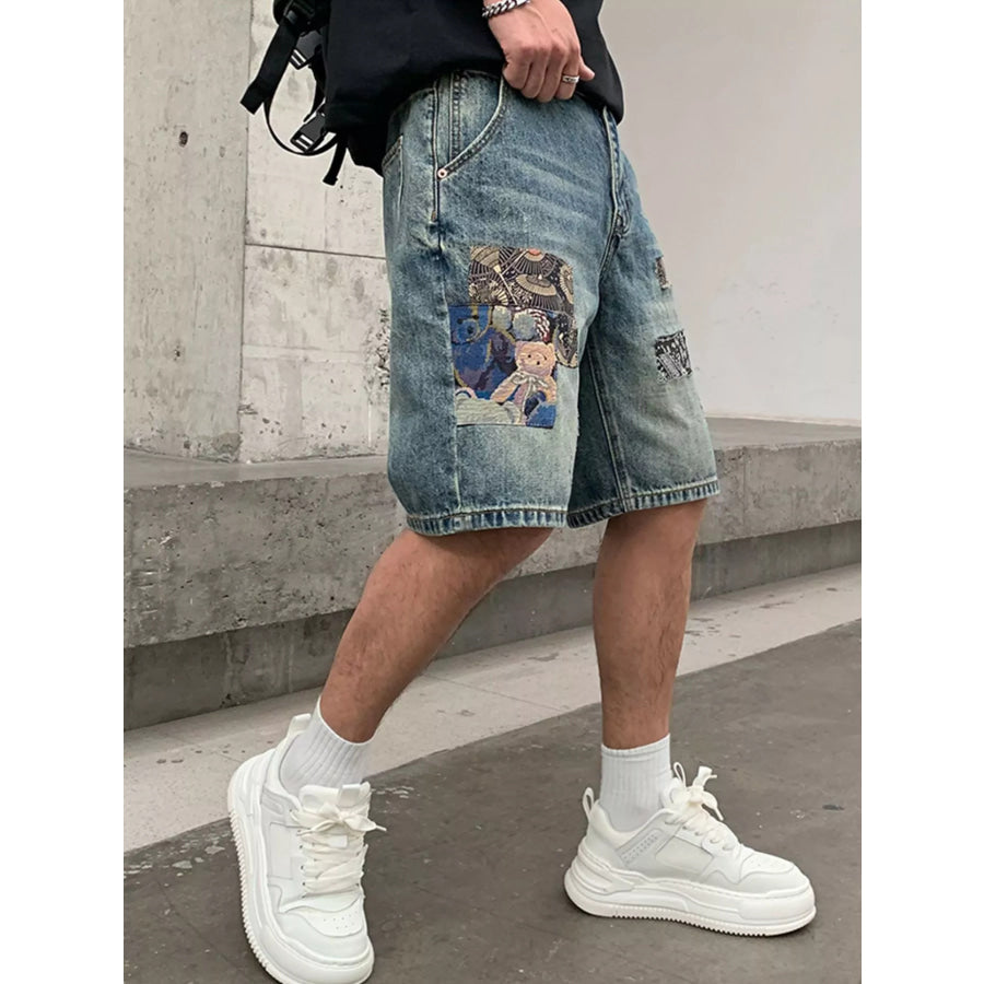 Men’s Patchwork Graphic Denim Shorts Blue / 28 Apparel and Accessories