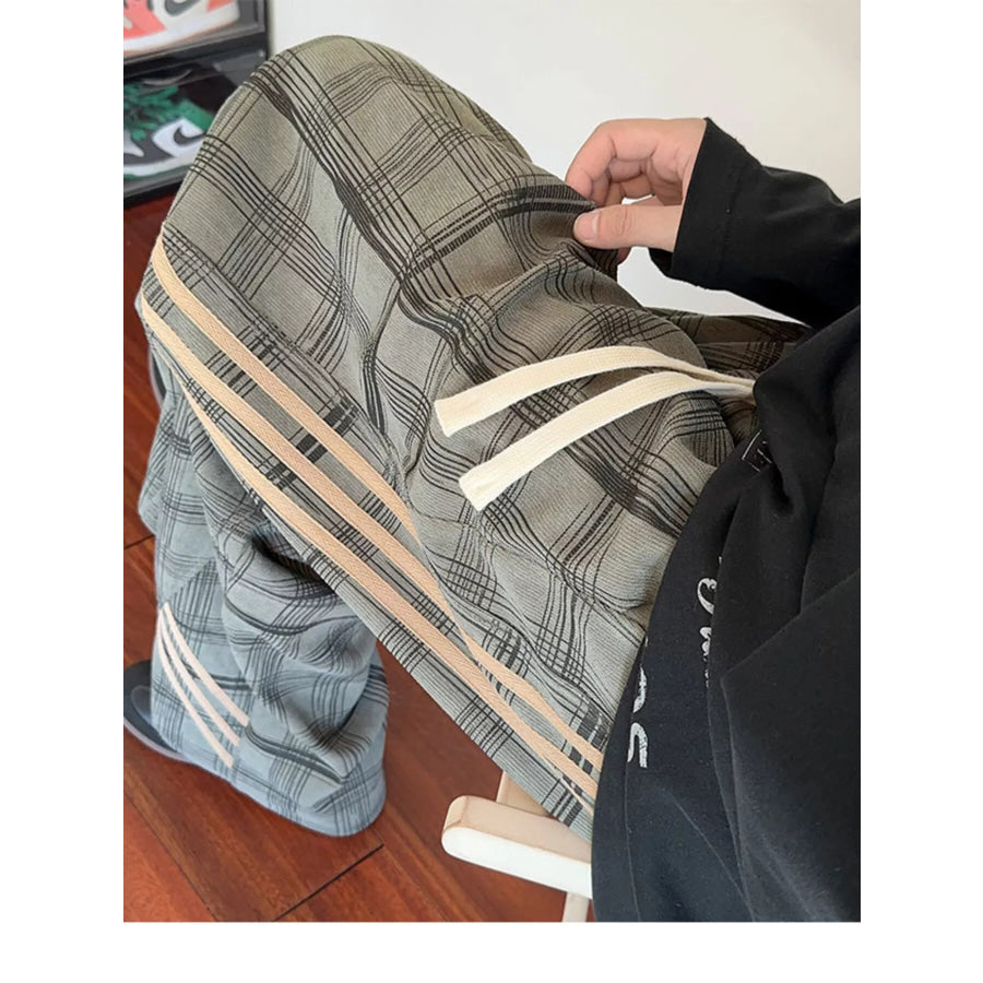Men’s Plaid Wide-Leg Pants with Side Stripes Apparel and Accessories