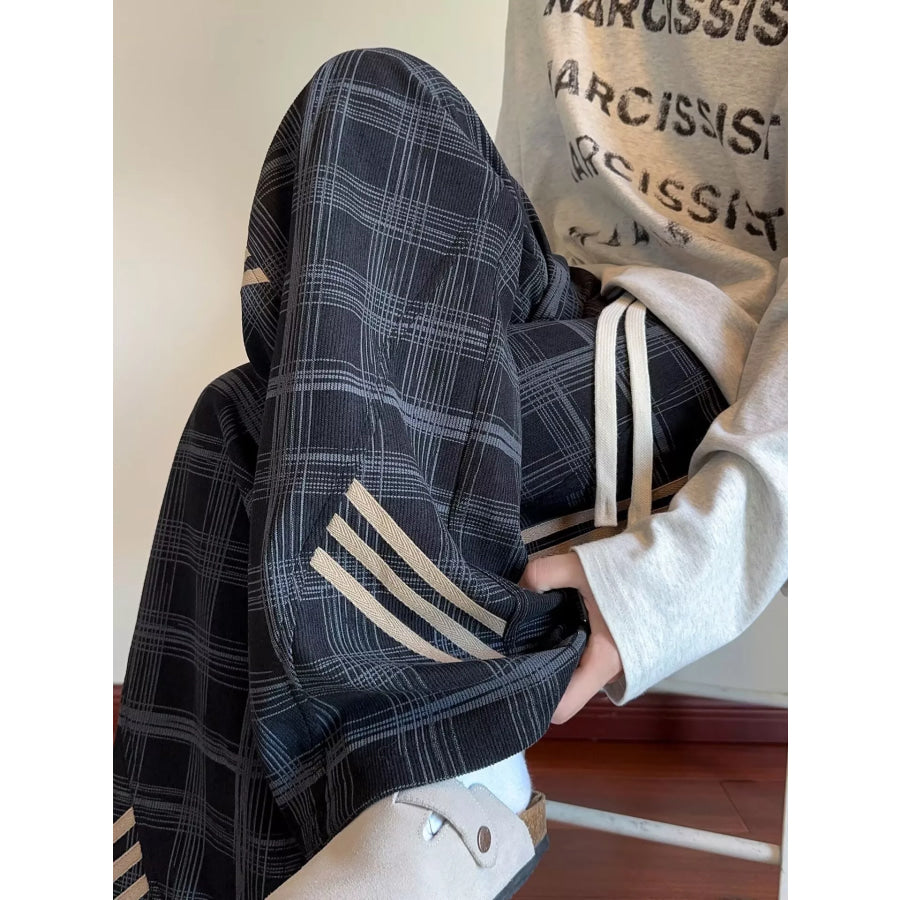 Men’s Plaid Wide-Leg Pants with Side Stripes Black / M Apparel and Accessories