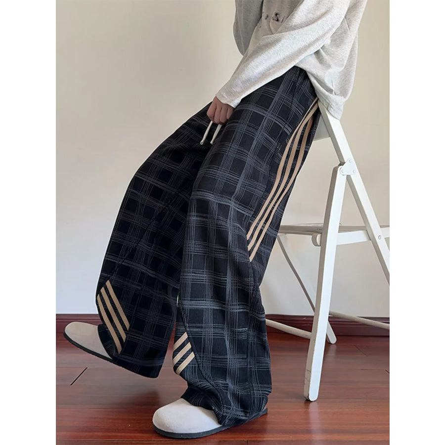 Men’s Plaid Wide-Leg Pants with Side Stripes Black / M Apparel and Accessories