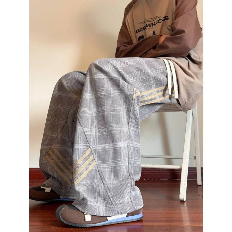 Men’s Plaid Wide-Leg Pants with Side Stripes Gray / M Apparel and Accessories