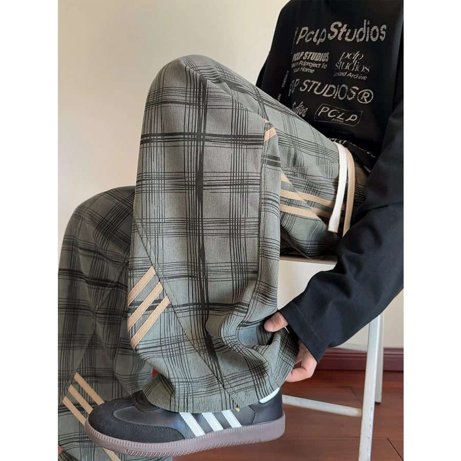 Men’s Plaid Wide-Leg Pants with Side Stripes Green / M Apparel and Accessories