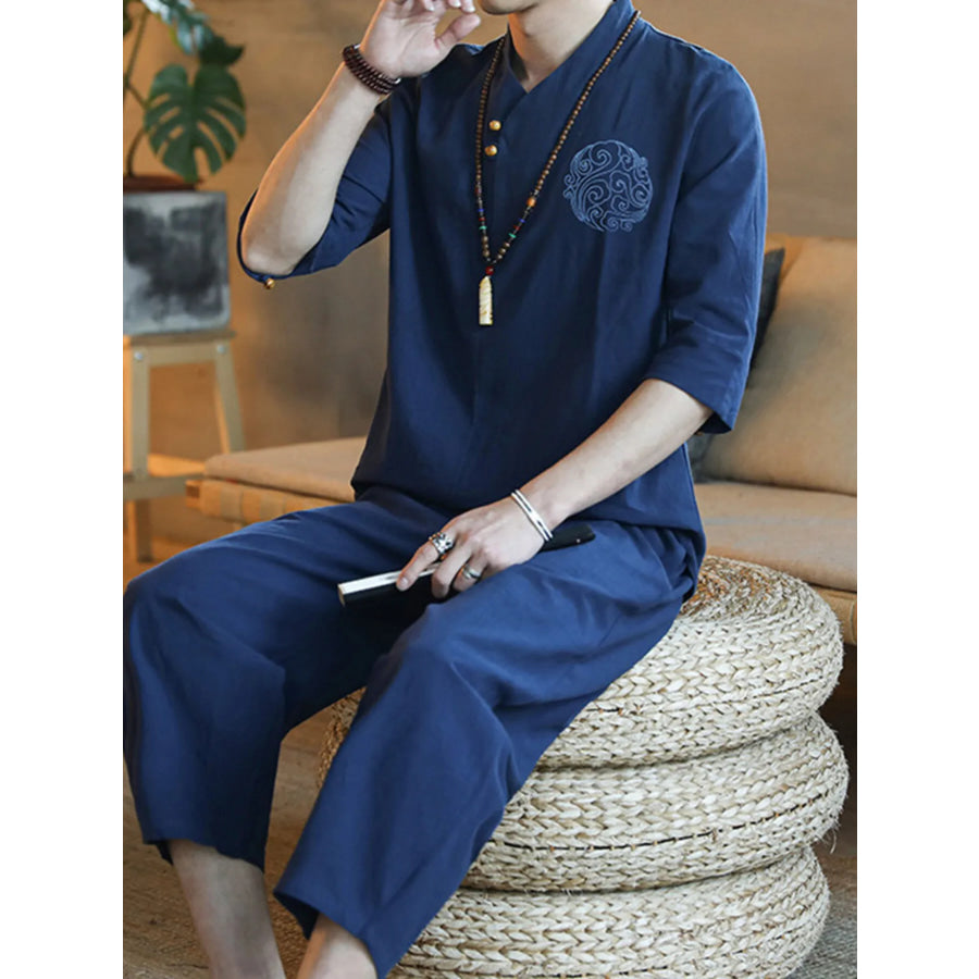 Men’s Plus Size 3/4 Sleeve Top and Pants Set Navy Blue / M Apparel and Accessories