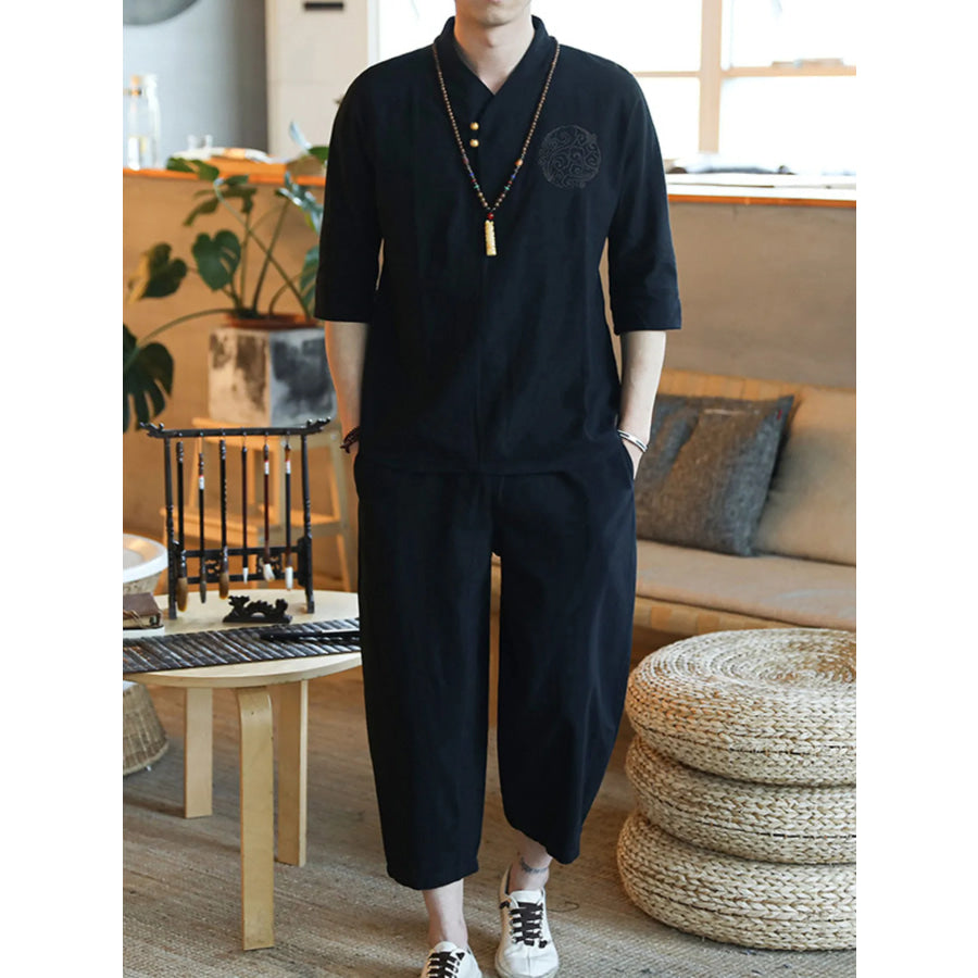 Men’s Plus Size 3/4 Sleeve Top and Pants Set Black / M Apparel and Accessories