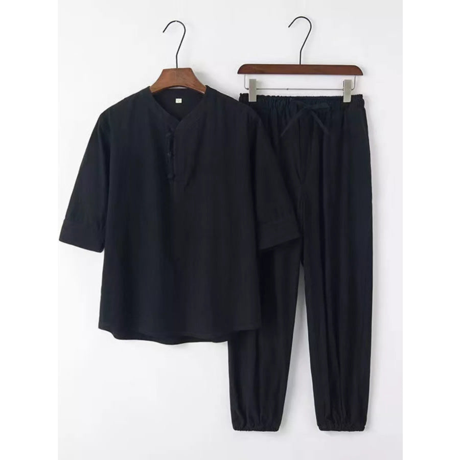 Men’s Plus Size 3/4 Sleeve Top and Pants Set White / M Apparel and Accessories