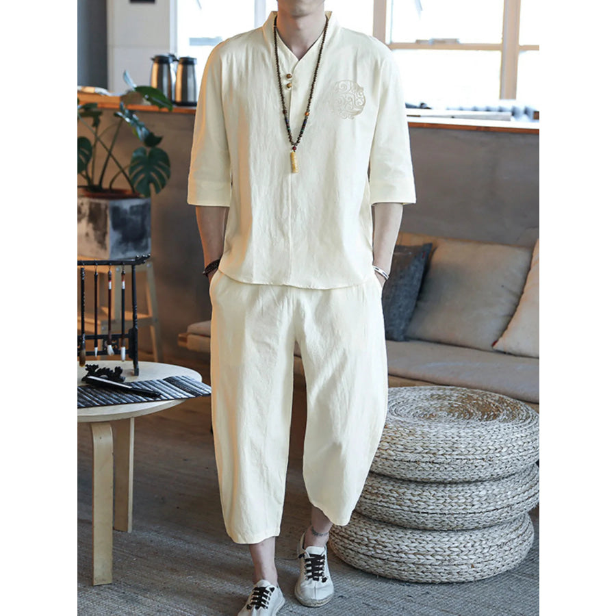 Men’s Plus Size 3/4 Sleeve Top and Pants Set Khaki / M Apparel and Accessories