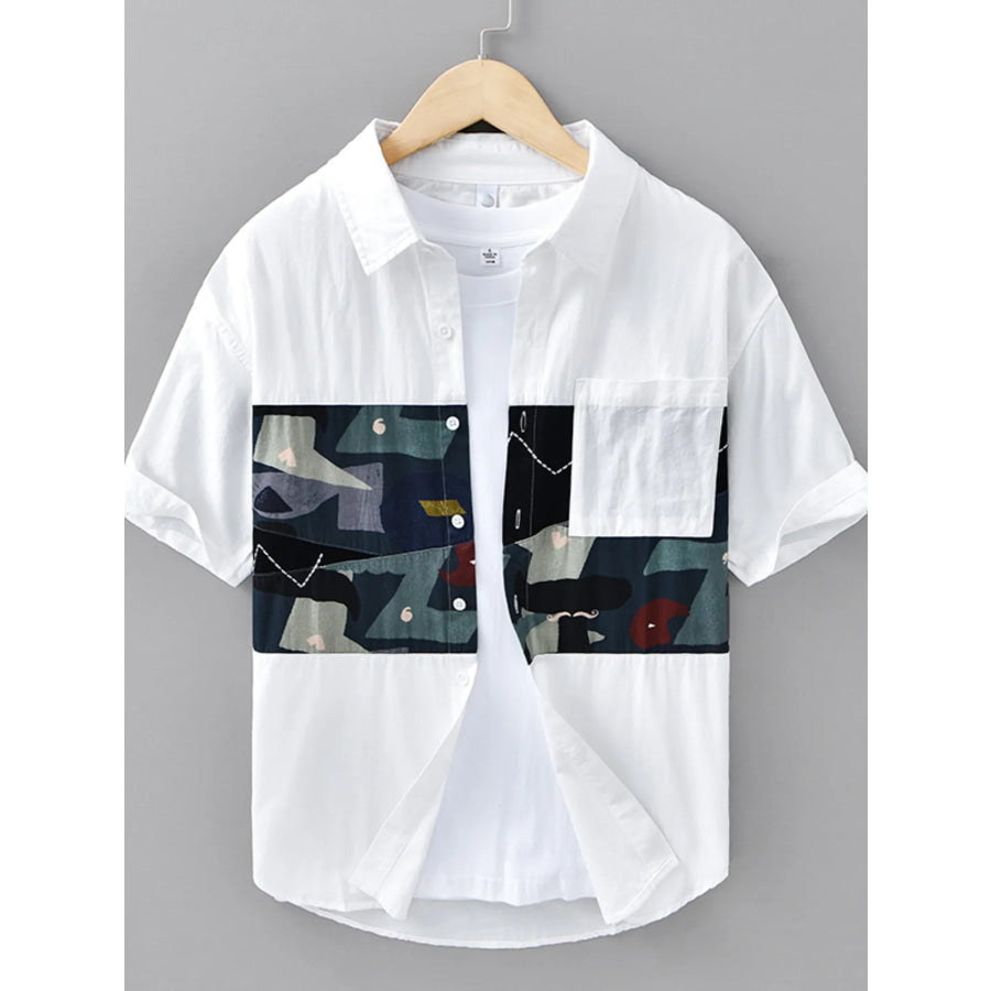 Men’s Plus Size Abstract Patchwork Short Sleeve Shirt White / M Apparel and Accessories
