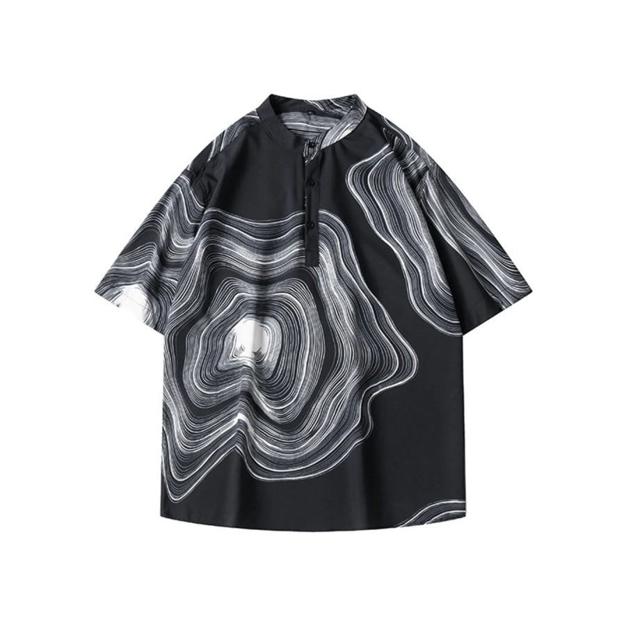 Men’s Plus Size Abstract Wave Print Short Sleeve Blouse Black / M Apparel and Accessories