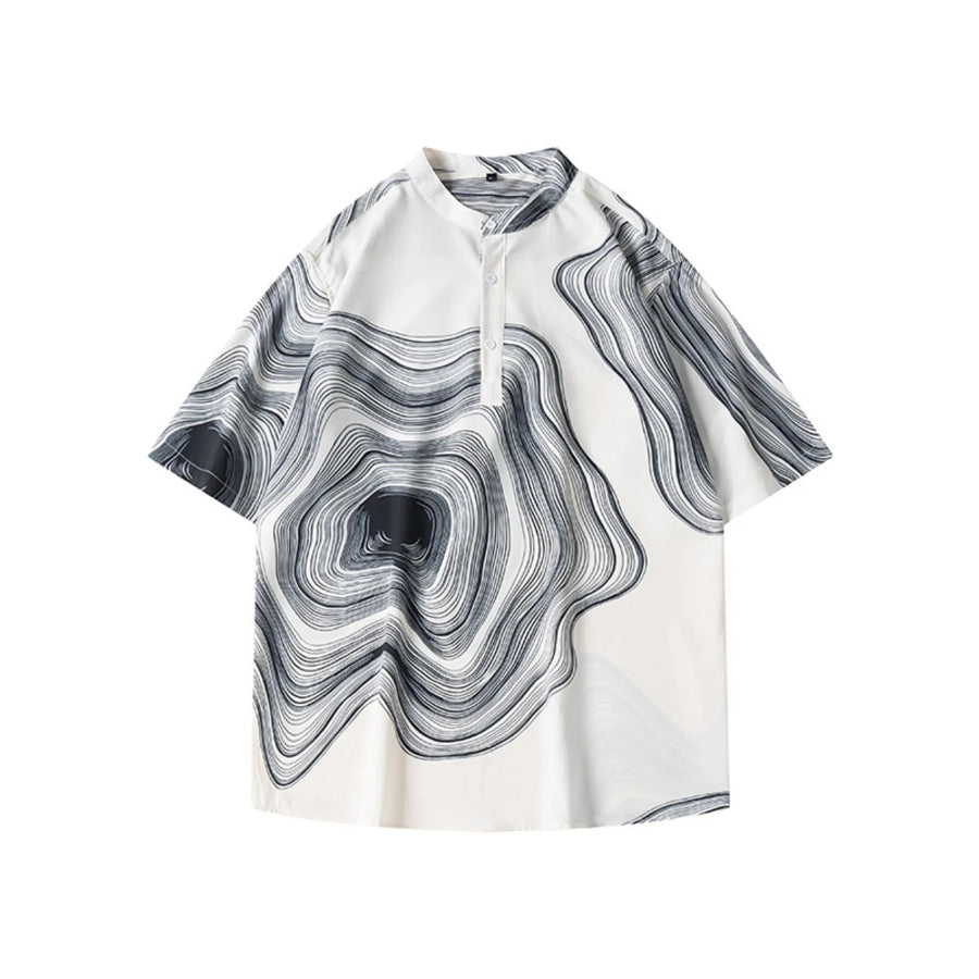 Men’s Plus Size Abstract Wave Print Short Sleeve Blouse White / M Apparel and Accessories