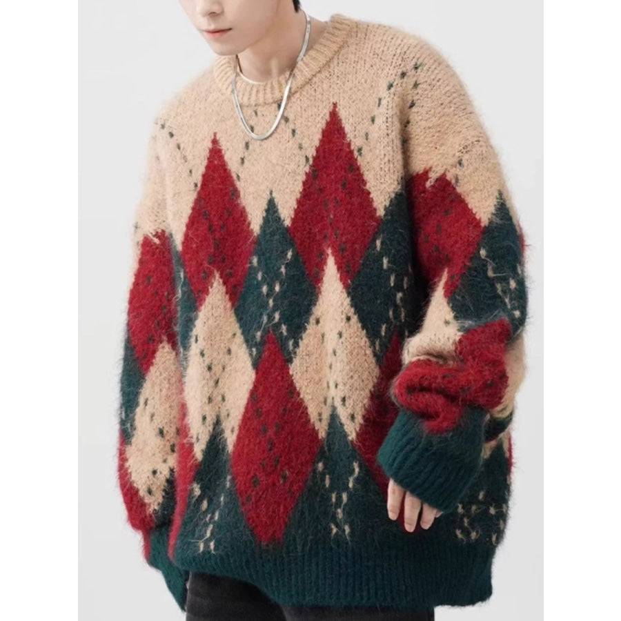 Men’s Plus Size Argyle Knit Round Neck Sweater Apparel and Accessories