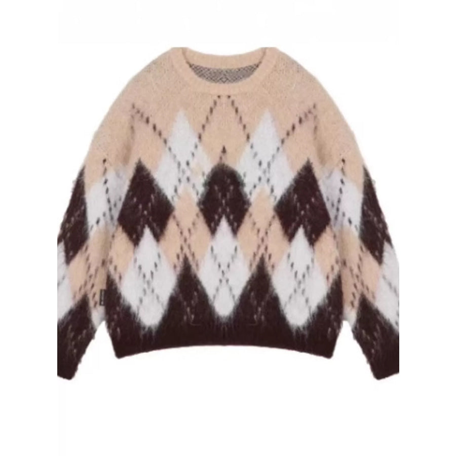 Men’s Plus Size Argyle Knit Round Neck Sweater Chocolate / M Apparel and Accessories