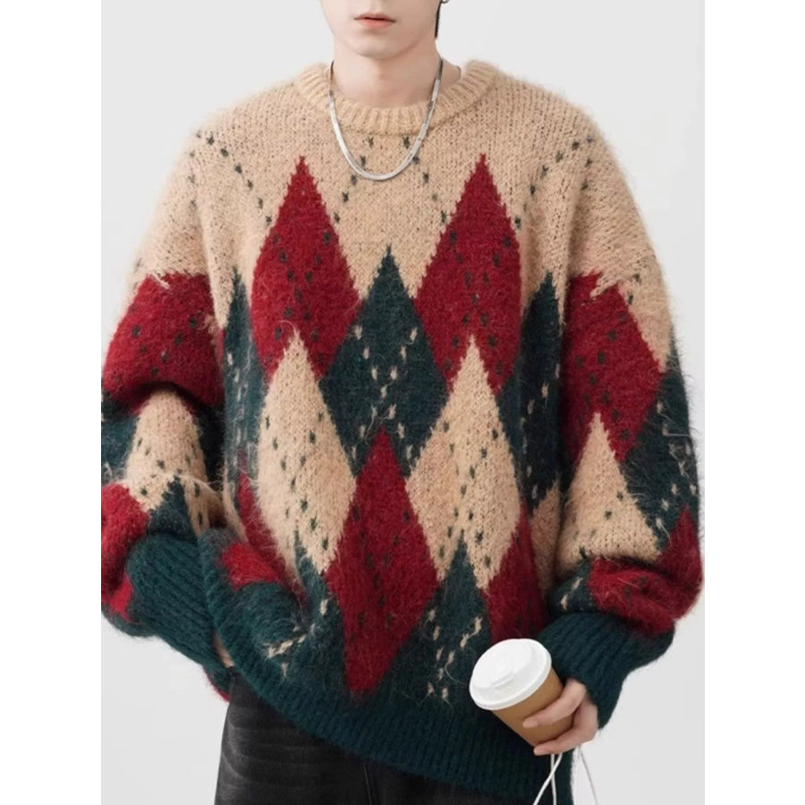 Men’s Plus Size Argyle Knit Round Neck Sweater Dark Green / M Apparel and Accessories