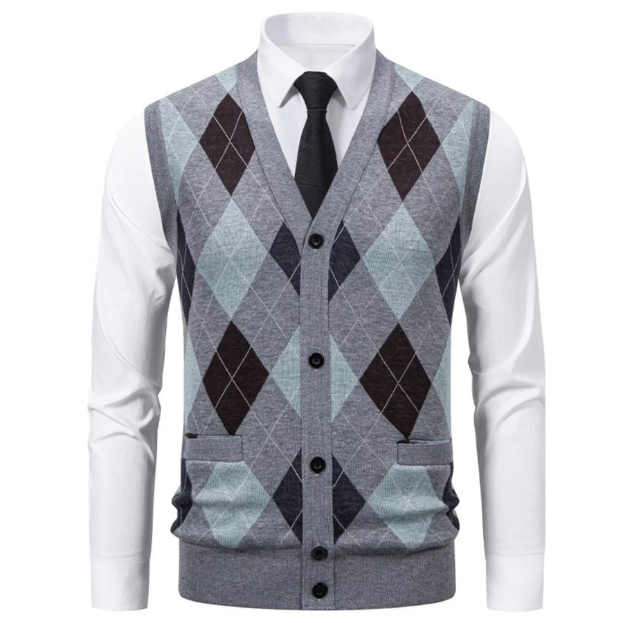 Men’s Plus Size Argyle Pattern V-Neck Button-Down Cardigan Vest Apparel and Accessories
