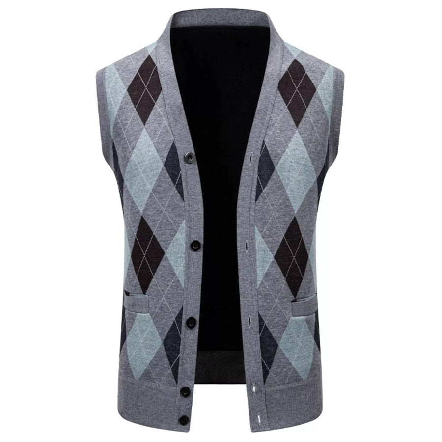 Men’s Plus Size Argyle Pattern V-Neck Button-Down Cardigan Vest Apparel and Accessories