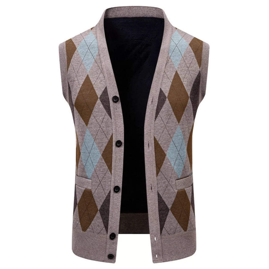 Men’s Plus Size Argyle Pattern V-Neck Button-Down Cardigan Vest Apparel and Accessories