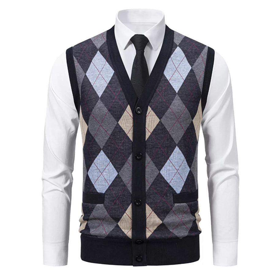Men’s Plus Size Argyle Pattern V-Neck Button-Down Cardigan Vest Apparel and Accessories