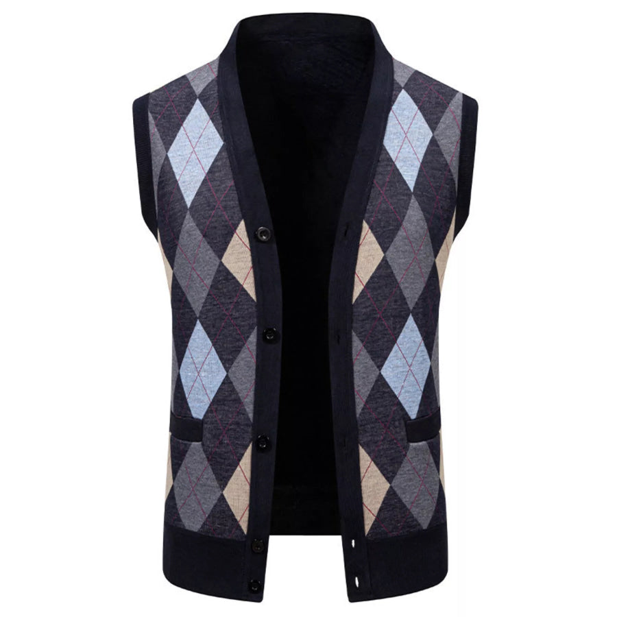 Men’s Plus Size Argyle Pattern V-Neck Button-Down Cardigan Vest Apparel and Accessories