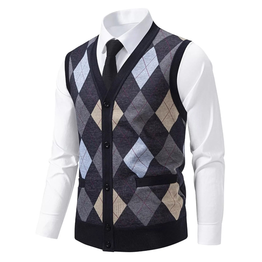 Men’s Plus Size Argyle Pattern V-Neck Button-Down Cardigan Vest Dark Navy / L Apparel and Accessories