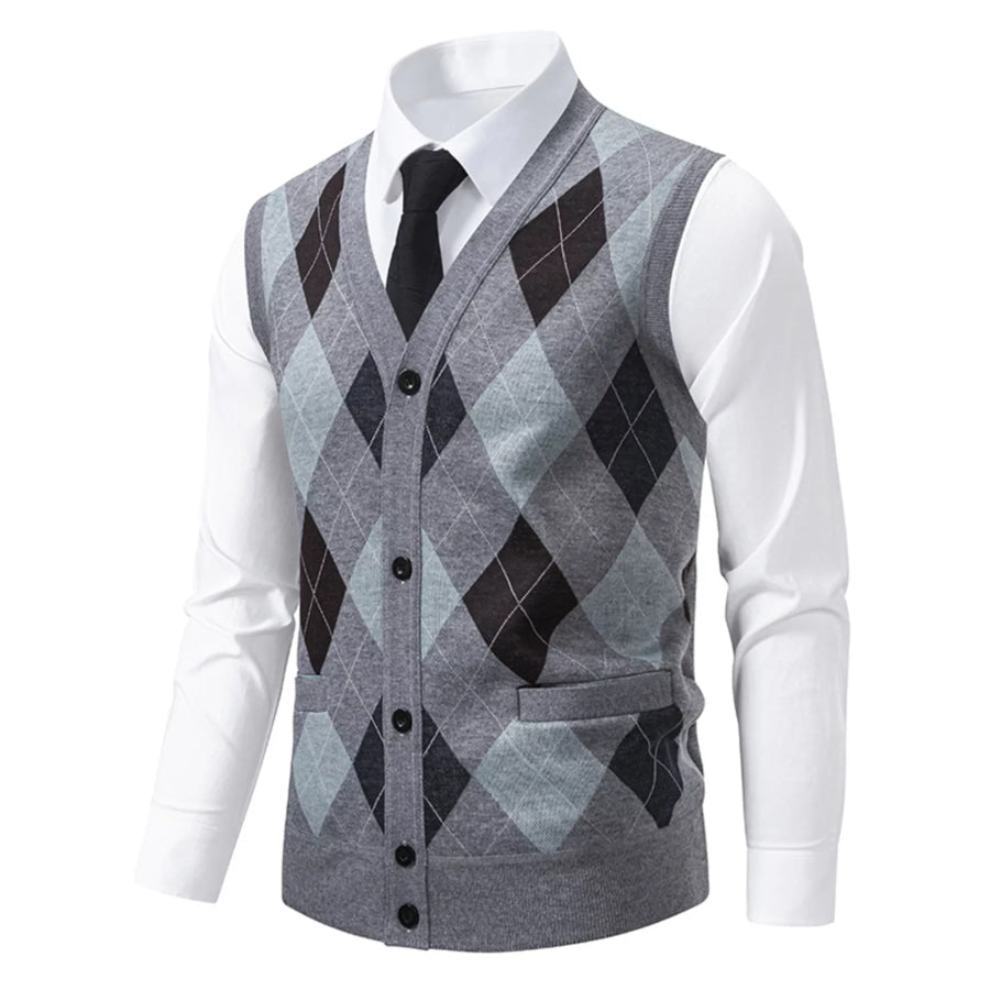 Men’s Plus Size Argyle Pattern V-Neck Button-Down Cardigan Vest Gray / L Apparel and Accessories