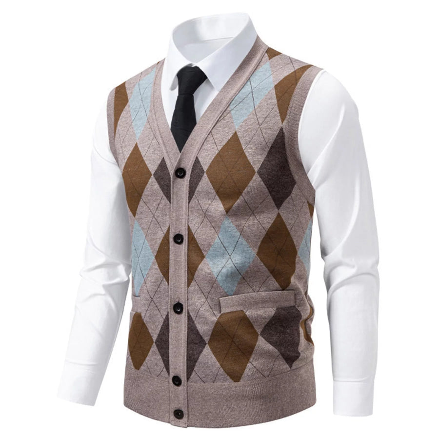 Men’s Plus Size Argyle Pattern V-Neck Button-Down Cardigan Vest Mocha / L Apparel and Accessories
