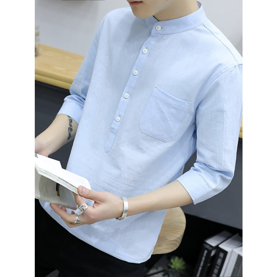 Men’s Plus Size Button Detail 3/4 Sleeve Shirt Plus Size Sky Blue / M Apparel and Accessories