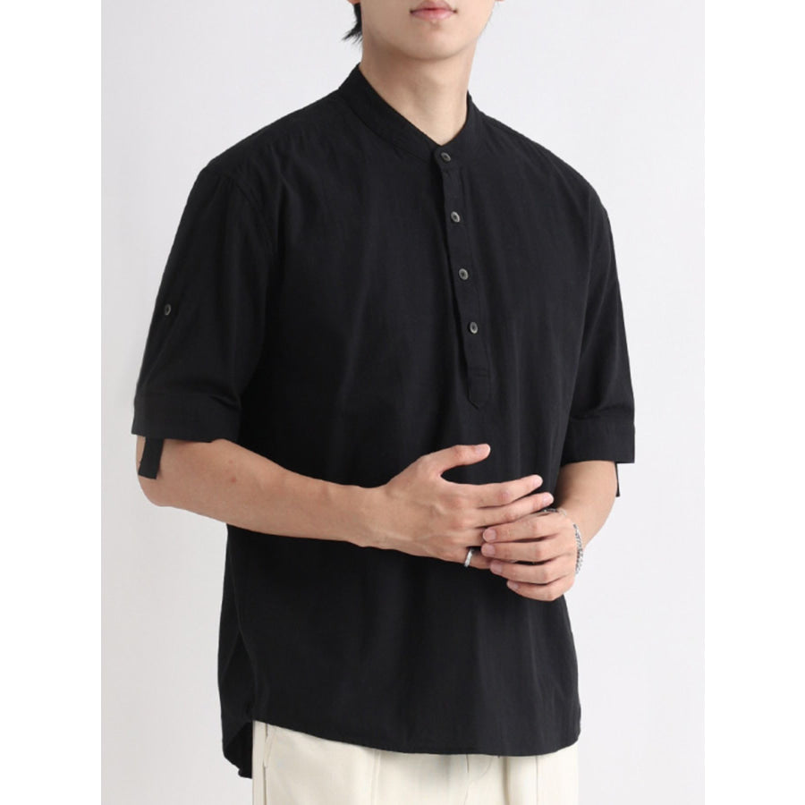 Men’s Plus Size Button Detail Short Sleeve Blouse Black / M Apparel and Accessories