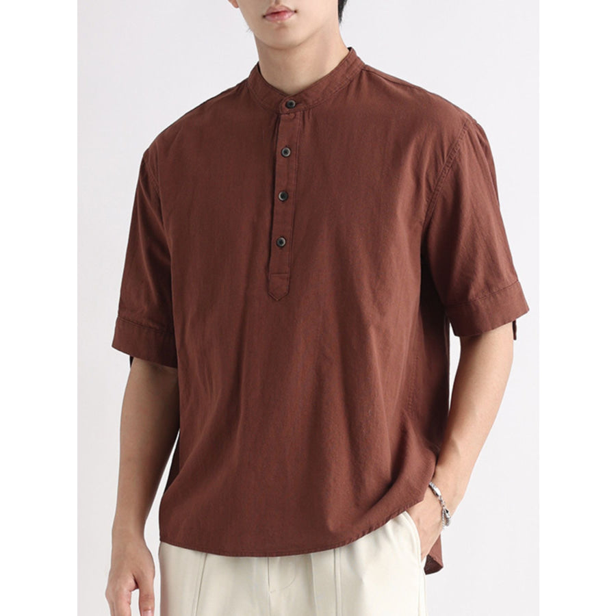 Men’s Plus Size Button Detail Short Sleeve Blouse Brown / M Apparel and Accessories