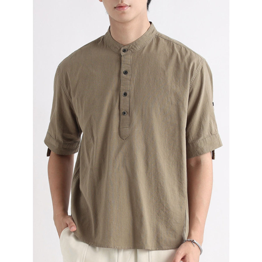 Men’s Plus Size Button Detail Short Sleeve Blouse Olive / M Apparel and Accessories