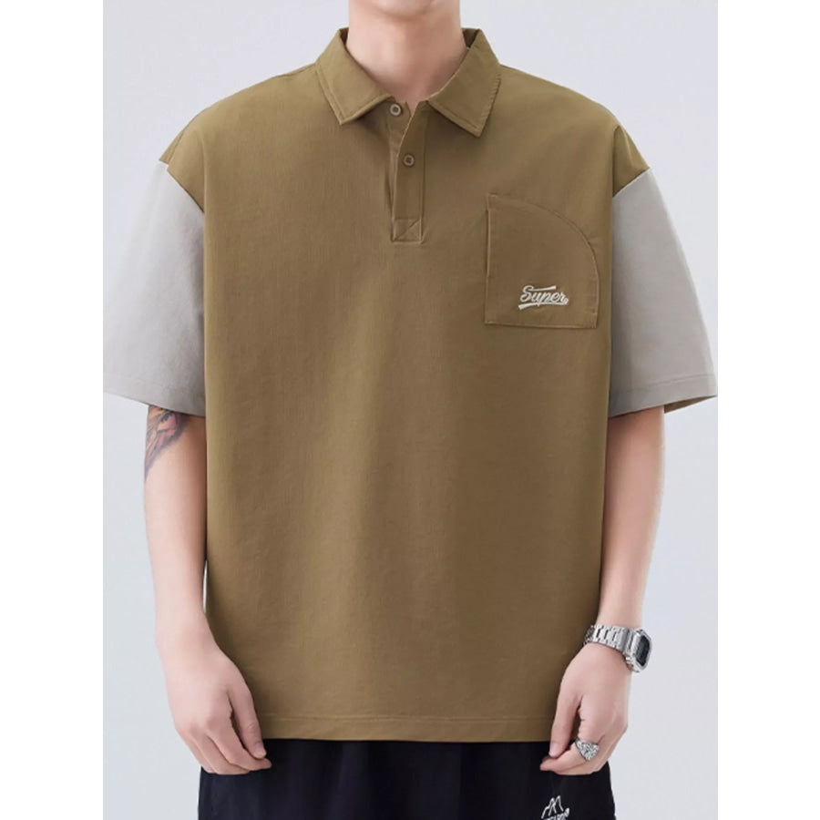 Men’s Plus Size Button Detail Short Sleeve Casual Polo Khaki / M Apparel and Accessories