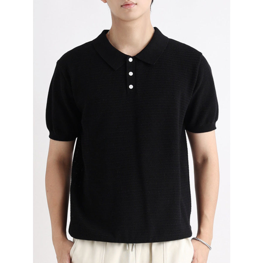 Men’s Plus Size Button Detail Short Sleeve Polo Black / M Apparel and Accessories