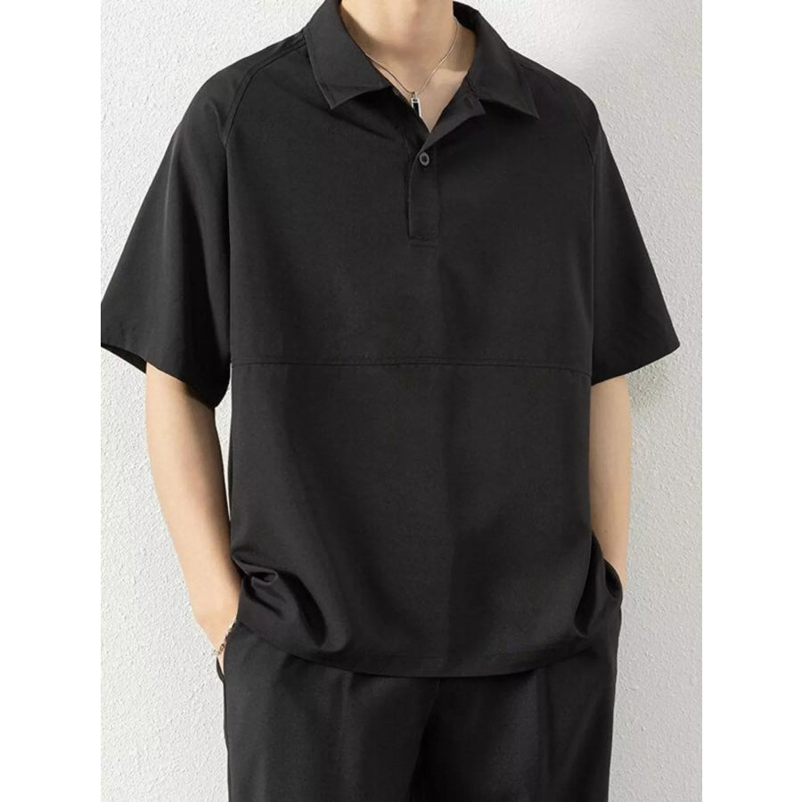 Men’s Plus Size Button Detail Short Sleeve Polo Black / M Apparel and Accessories