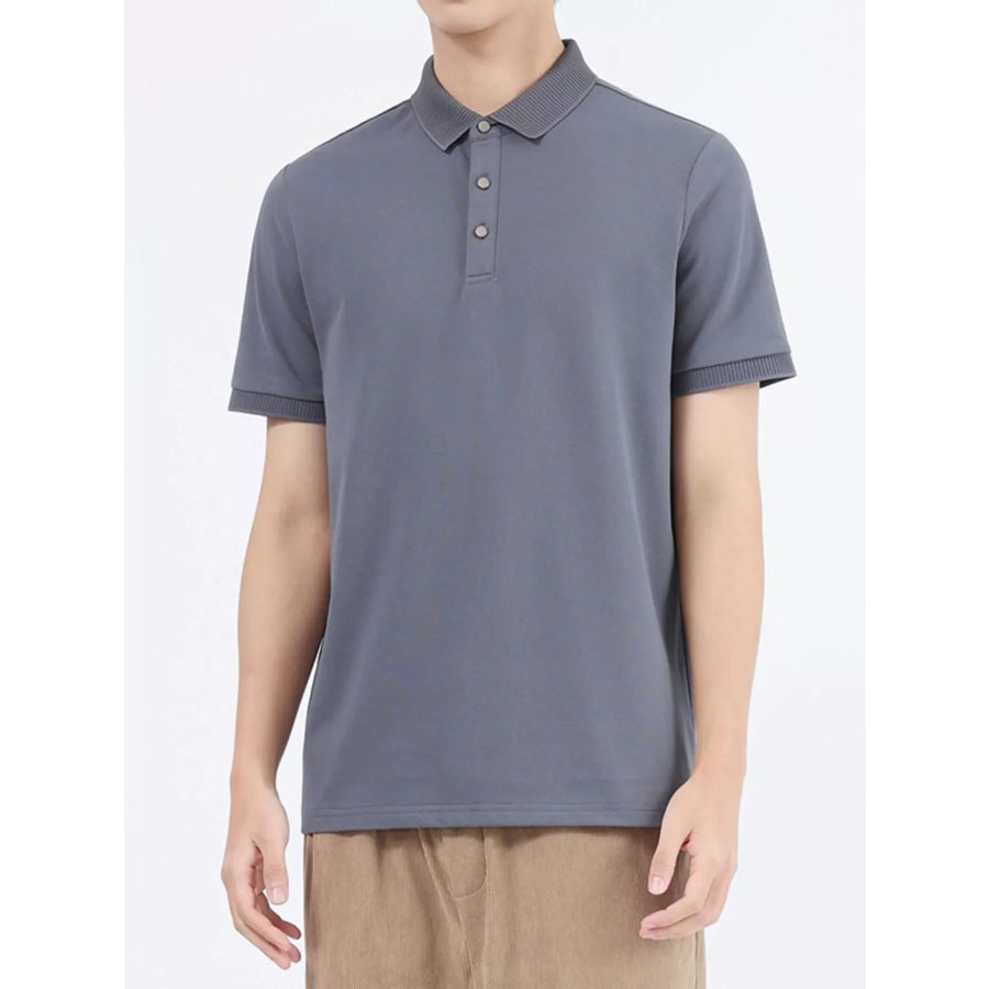 Men’s Plus Size Button Detail Short Sleeve Polo Blue Gray / M Apparel and Accessories