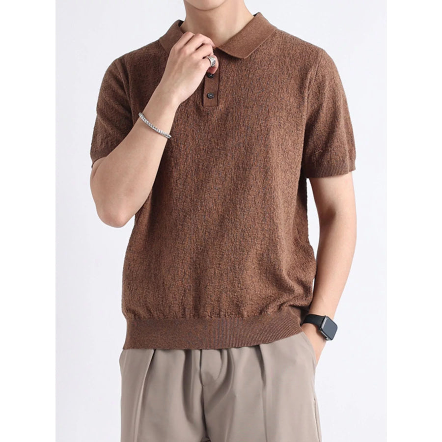 Men’s Plus Size Button Detail Short Sleeve Polo Brown / M Apparel and Accessories