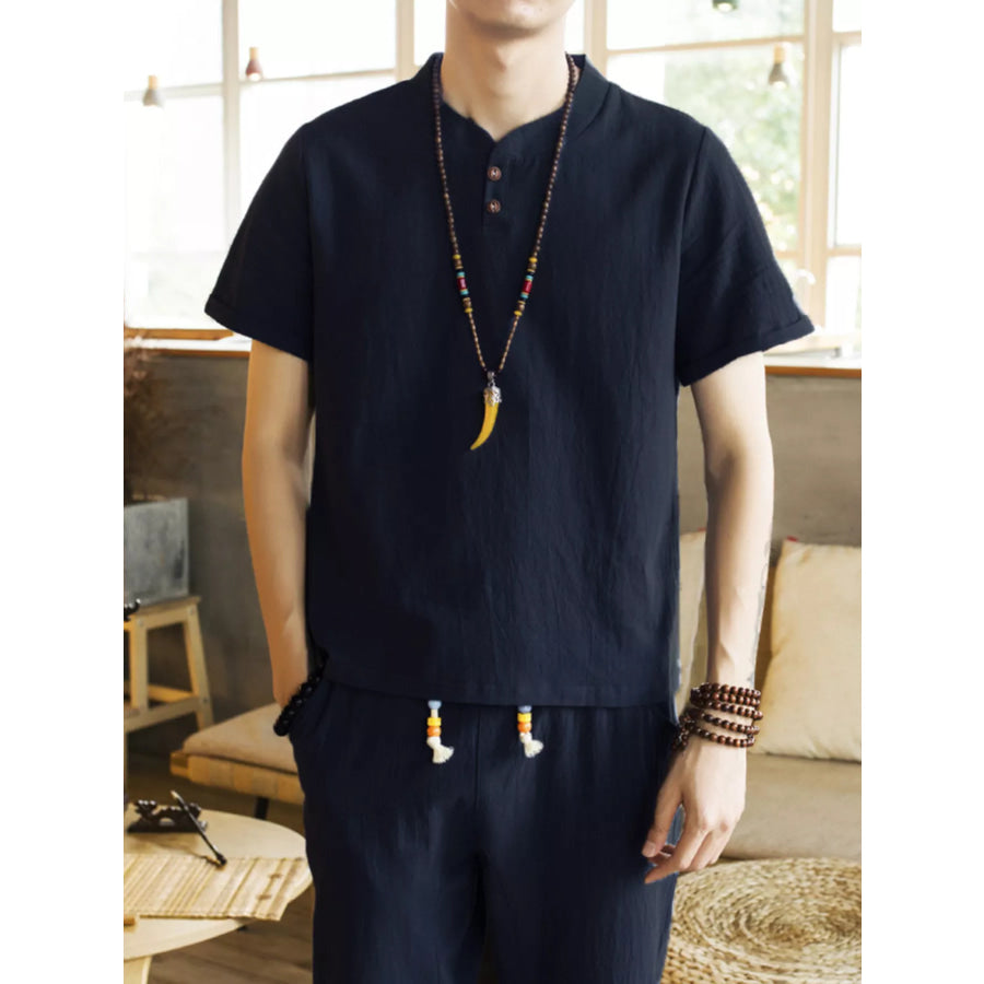 Men’s Plus Size Button Detail Short Sleeve Top and Pants Set Black / M Apparel and Accessories