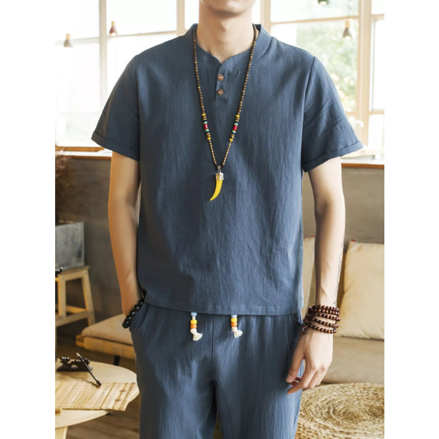 Men’s Plus Size Button Detail Short Sleeve Top and Pants Set French Blue / M Apparel and Accessories