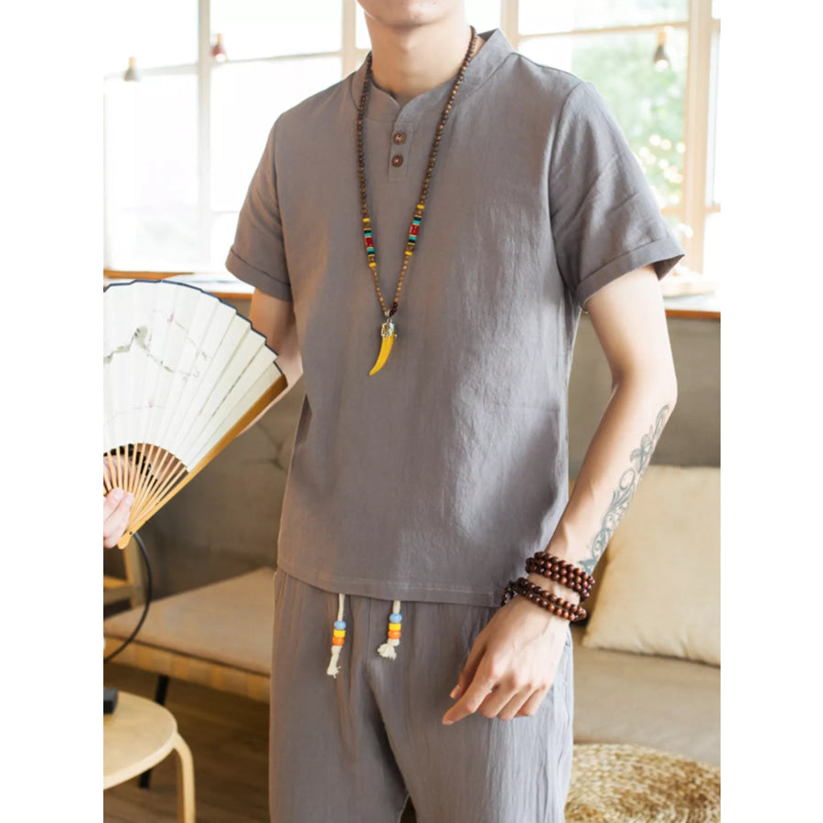 Men’s Plus Size Button Detail Short Sleeve Top and Pants Set Light Gray / M Apparel and Accessories