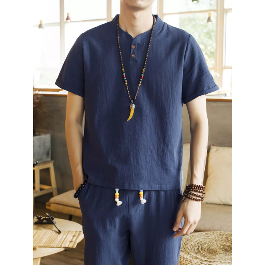 Men’s Plus Size Button Detail Short Sleeve Top and Pants Set Navy / M Apparel and Accessories