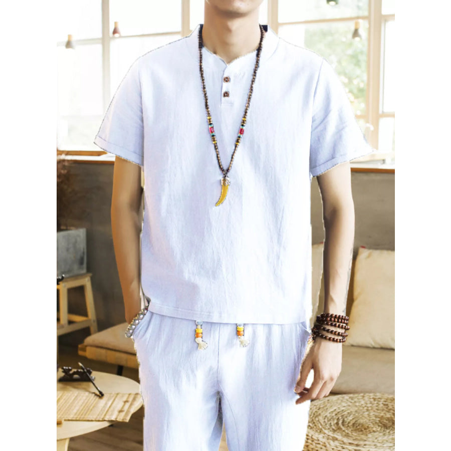 Men’s Plus Size Button Detail Short Sleeve Top and Pants Set French Blue / M Apparel and Accessories
