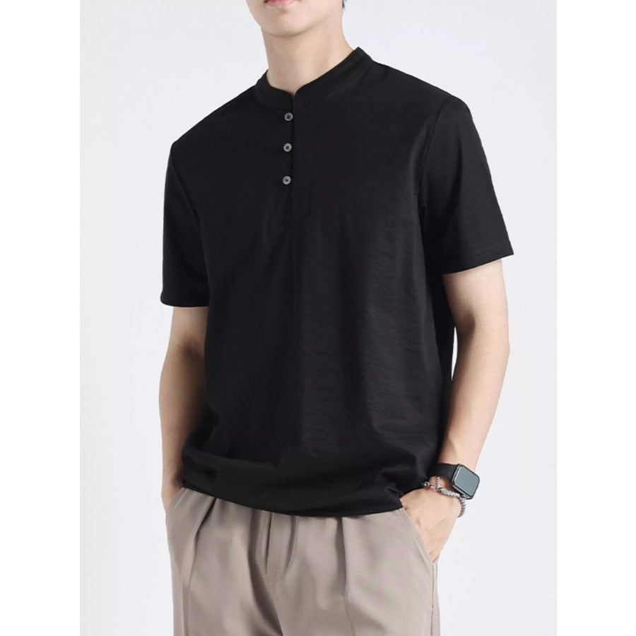 Men’s Plus Size Button Detail Short Sleeve Top Black / M Apparel and Accessories