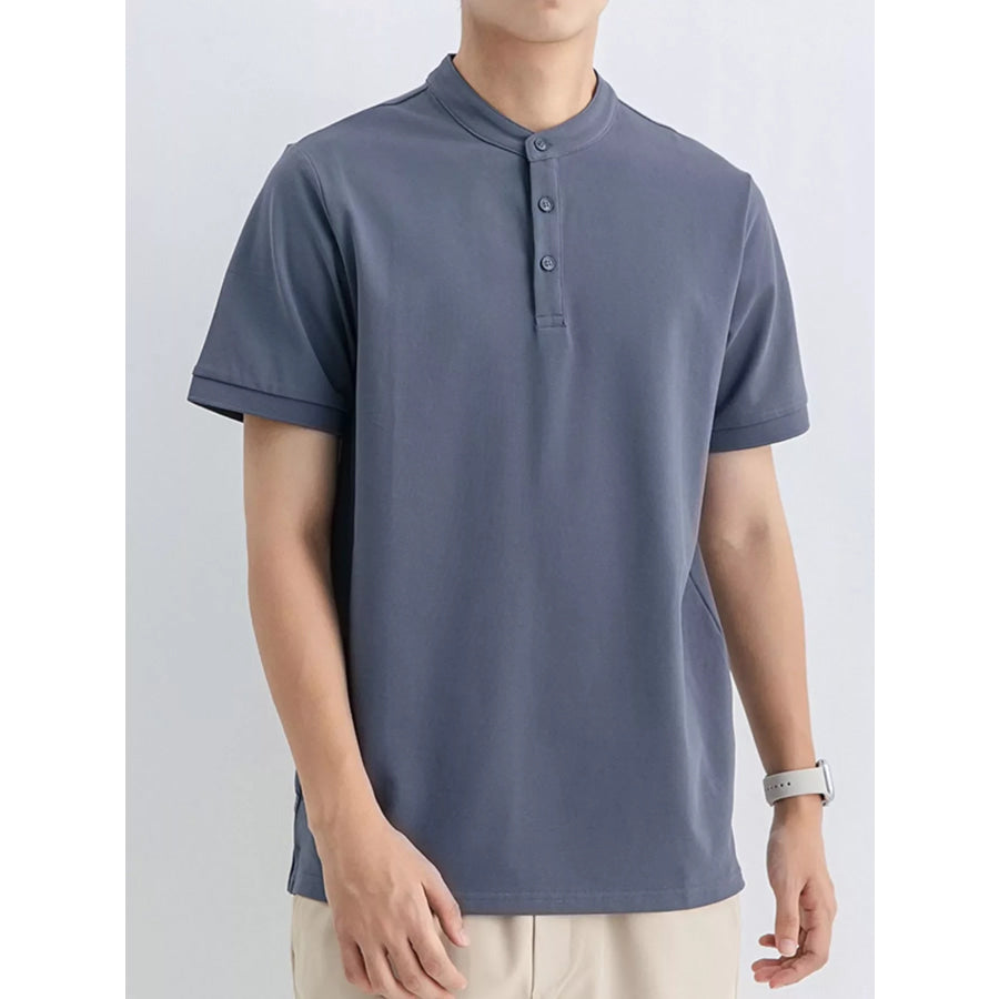 Men’s Plus Size Button Detail Short Sleeve Top Blue Gray / M Apparel and Accessories