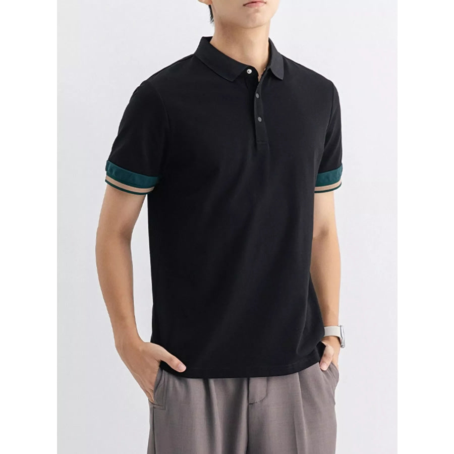 Men’s Plus Size Button Detail Striped Cuff Polo Black / M Apparel and Accessories
