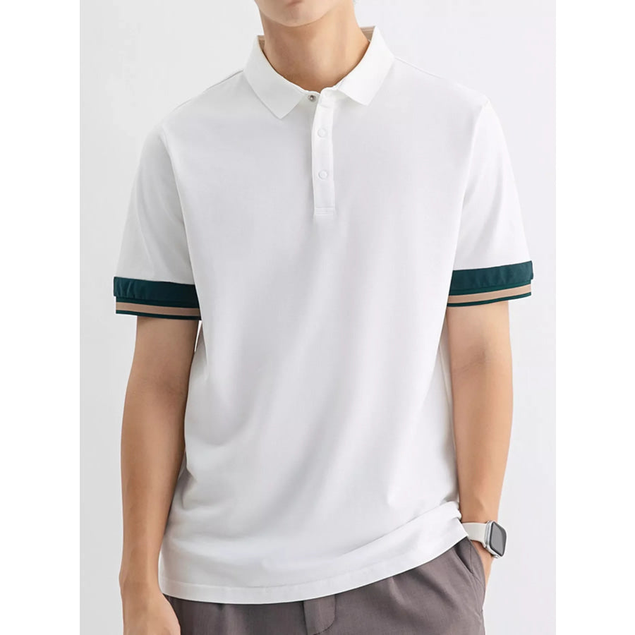 Men’s Plus Size Button Detail Striped Cuff Polo White / M Apparel and Accessories
