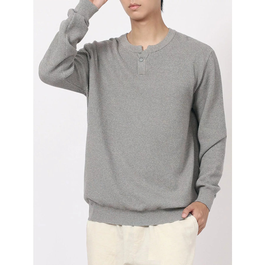 Men’s Plus Size Button Detail Waffle Knit Top Floral Gray / M Apparel and Accessories