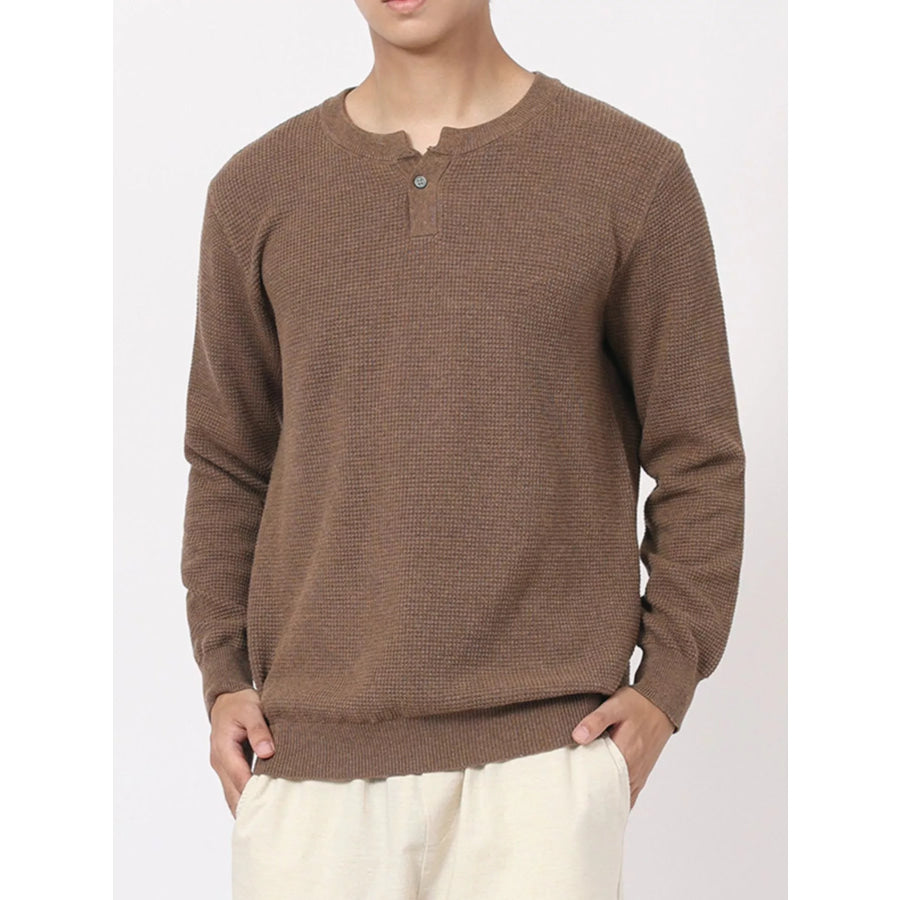 Men’s Plus Size Button Detail Waffle Knit Top Flower Brown / M Apparel and Accessories