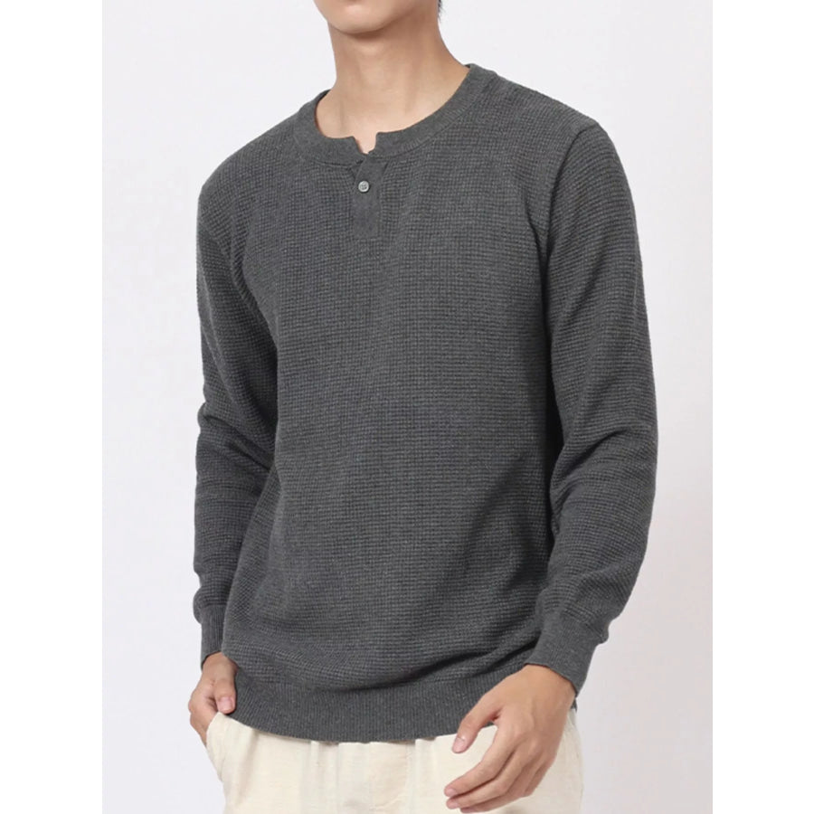 Men’s Plus Size Button Detail Waffle Knit Top Flowers Dark Gray / M Apparel and Accessories