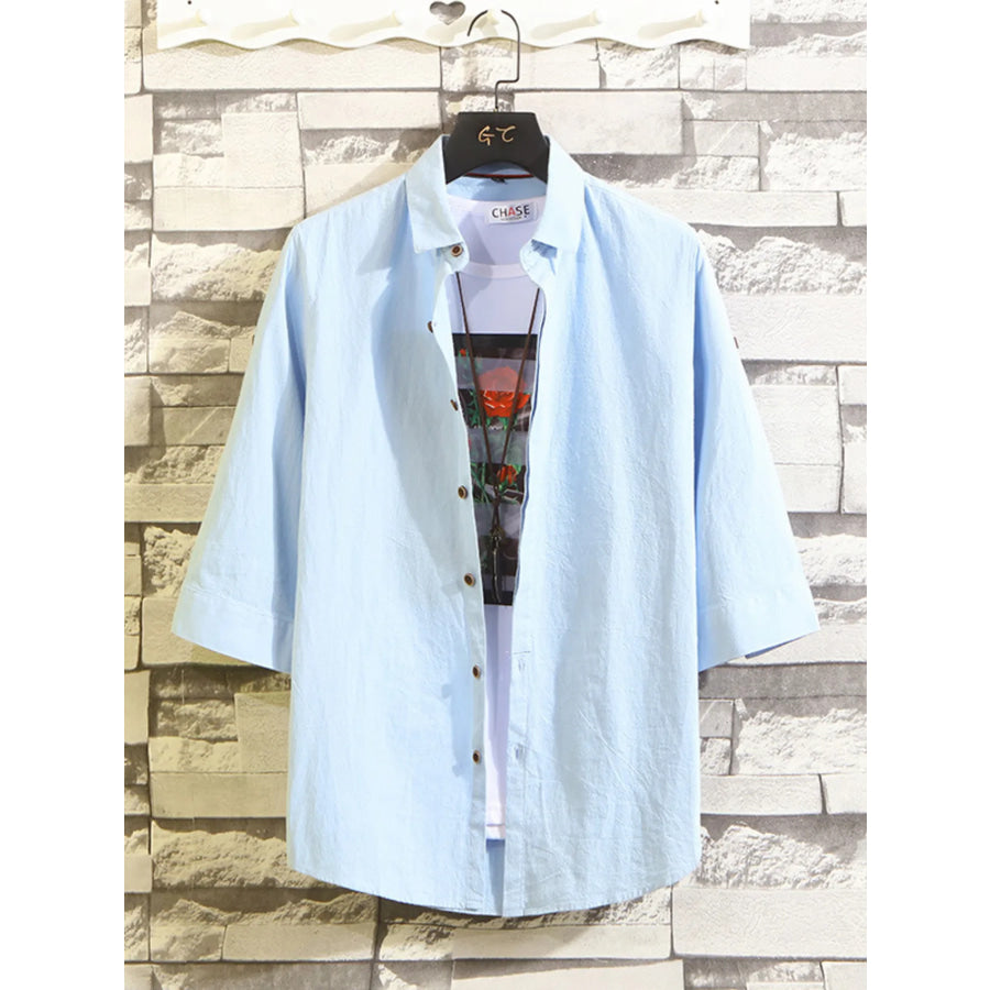 Men’s Plus Size Button Up 3/4 Sleeve Shirt Sky Blue / M Apparel and Accessories
