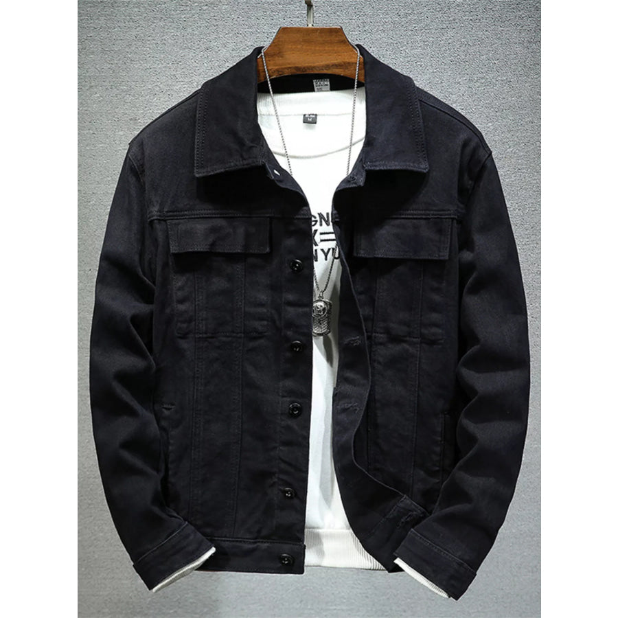 Men’s Plus Size Button Up Denim Jacket with Chest Pockets Black / M Apparel and Accessories