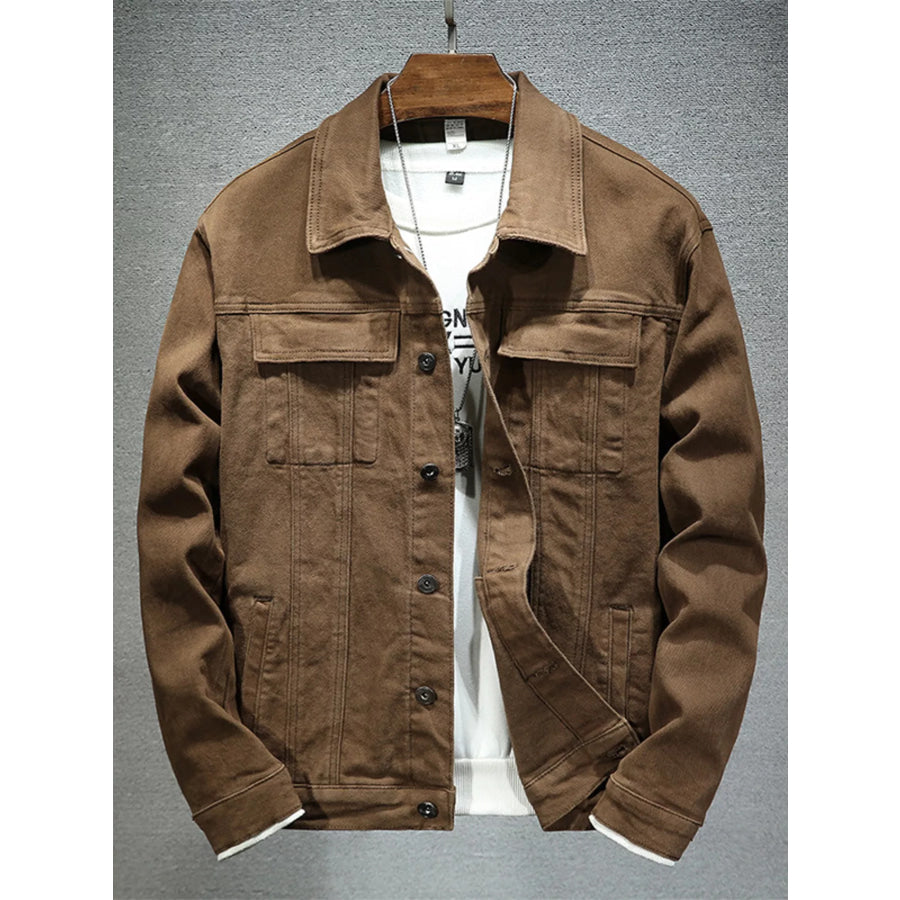 Men’s Plus Size Button Up Denim Jacket with Chest Pockets Coffee / M Apparel and Accessories