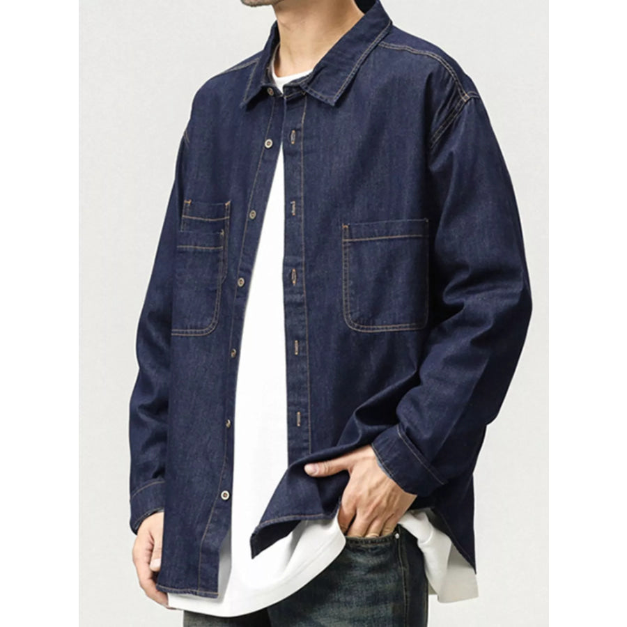 Men’s Plus Size Button Up Long Sleeve Denim Shirt Dark Blue / M Apparel and Accessories