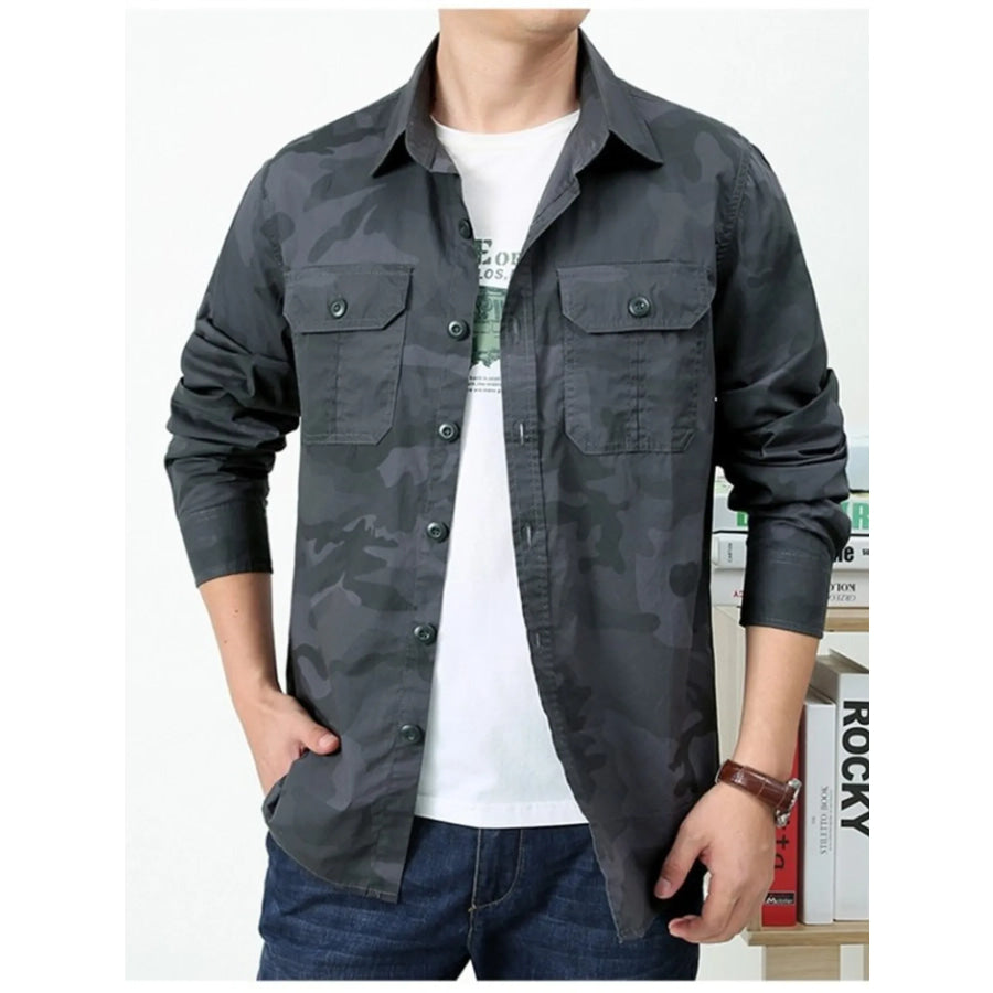 Men’s Plus Size Camouflage Print Long Sleeve Shirt Grey / M Apparel and Accessories